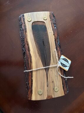 Live-Edge Wooden Charcuterie Board with Embedded Turkey Feather with stand
